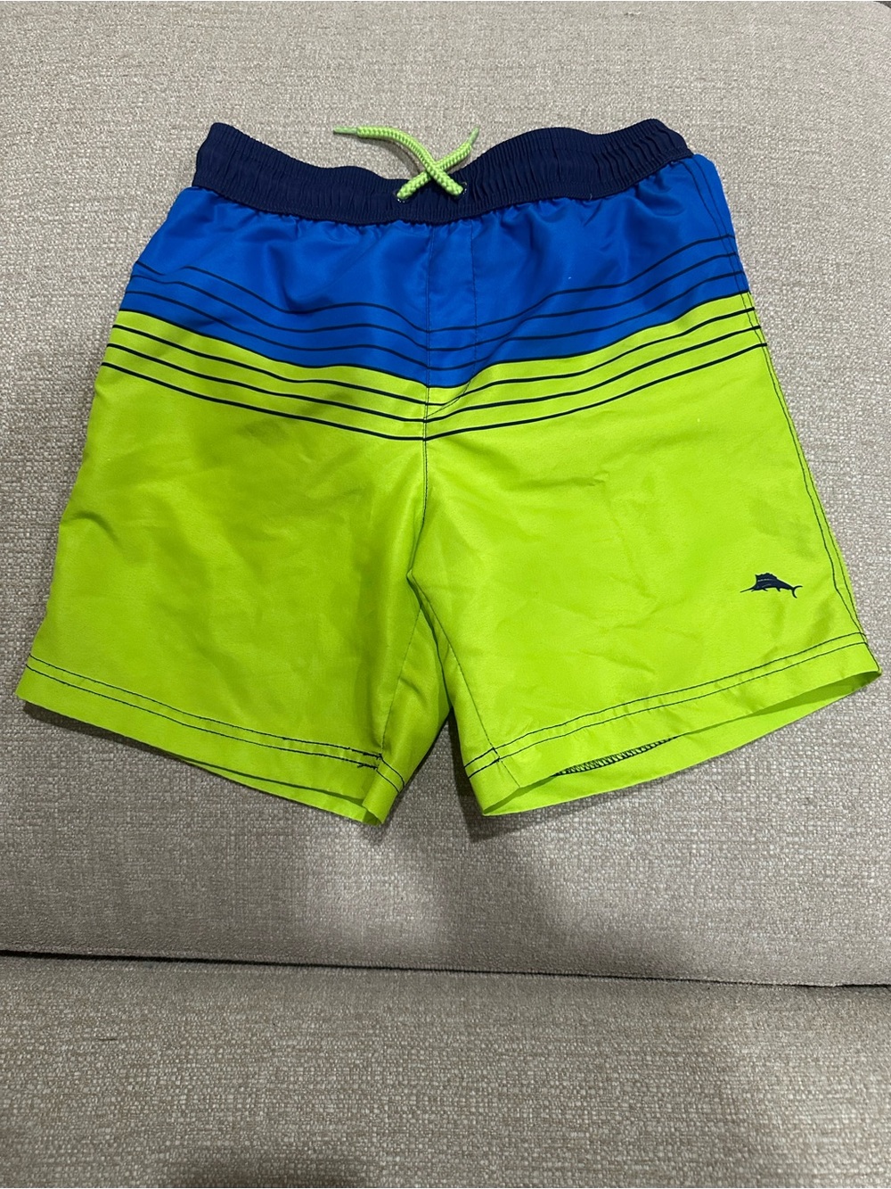 Tommy Bahama Boys Blue and Lime Green Striped Swim Trunks